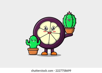 Cute cartoon Mangosteen character holding cactus plant in pot vector icon illustration