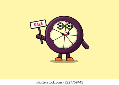 Cute cartoon Mangosteen character holding sale sign designs in concept flat cartoon style