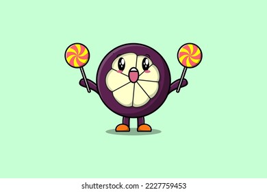 Cute cartoon Mangosteen character holding lollipop candy in flat cartoon illustration