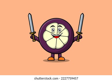 Cute cartoon Mangosteen character holding two sword in 3d modern design illustration