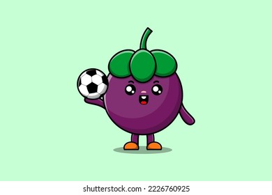 Cute cartoon Mangosteen character playing football in flat cartoon style illustration