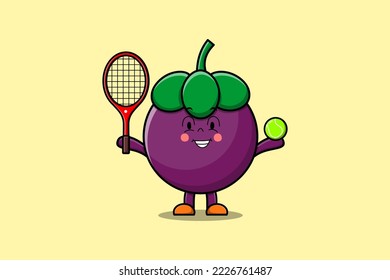 Cute cartoon Mangosteen character playing tennis field in flat cartoon style illustration