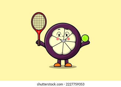 Cute cartoon Mangosteen character playing tennis field in flat cartoon style illustration