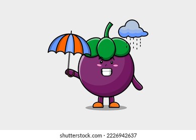 Cute cartoon Mangosteen character in the rain and using an umbrella in flat modern style design
