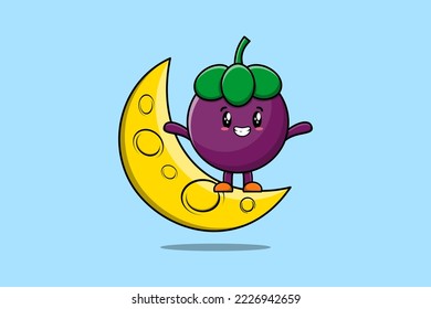 Cute cartoon Mangosteen character standing on the crescent moon in 3d modern design illustration