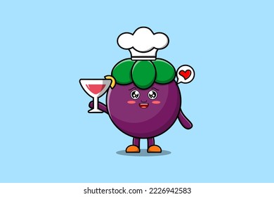 Cute cartoon Mangosteen chef character holding wine glass flat cartoon style illustration