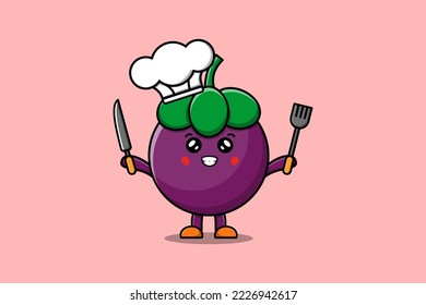 Cute cartoon Mangosteen chef character holding knife and fork in flat cartoon style illustration