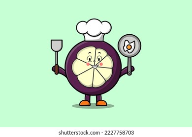 Cute cartoon Mangosteen chef character holding pan and spatula in flat cartoon style illustration