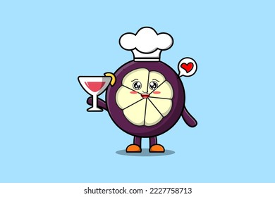 Cute cartoon Mangosteen chef character holding wine glass flat cartoon style illustration