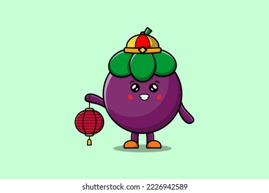 Cute cartoon Mangosteen chinese character holding lantern in vector icon illustration
