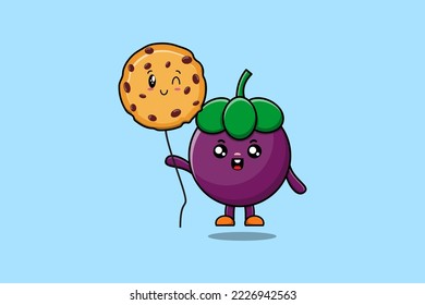 Cute cartoon Mangosteen floating with biscuits balloon in flat cartoon vector icon illustration
