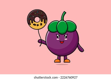 Cute cartoon Mangosteen floating with donuts balloon cartoon vector illustration