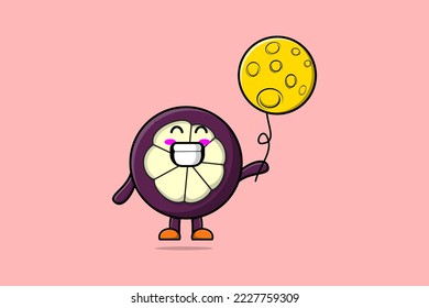 Cute cartoon Mangosteen floating with moon balloon cartoon vector illustration