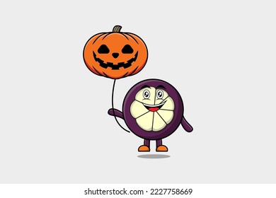 Cute cartoon Mangosteen floating with pumpkin halloween balloon in flat cartoon icon illustration