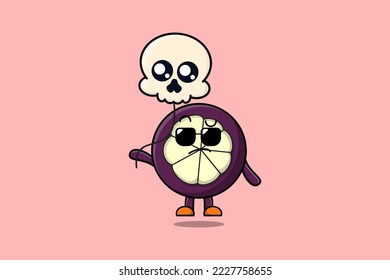 Cute cartoon Mangosteen floating with skull balloon in flat cartoon vector icon illustration