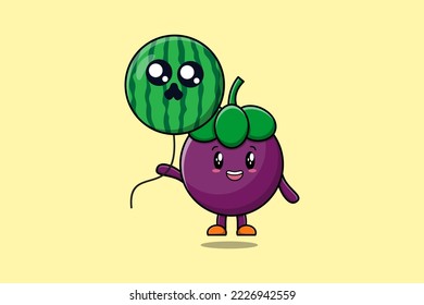 Cute cartoon Mangosteen floating with watermelon balloon in flat cartoon vector icon illustration