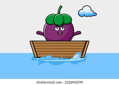 cute cartoon Mangosteen get on boat in vector character illustration