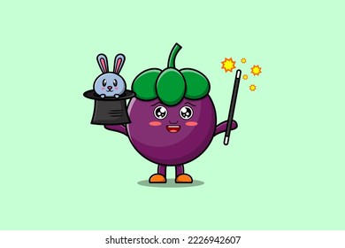 cute cartoon Mangosteen magician character with bunny character coming out from magic hat