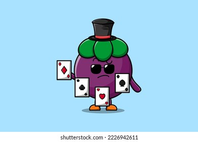 Cute cartoon Mangosteen magician character playing magic cards in flat cartoon style illustration