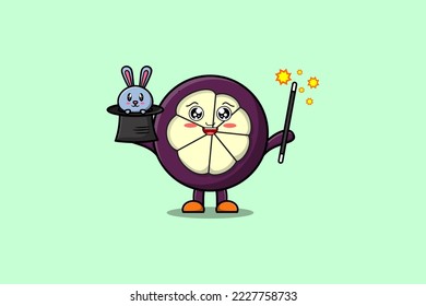 cute cartoon Mangosteen magician character with bunny character coming out from magic hat