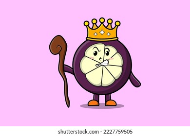 Cute cartoon Mangosteen mascot as wise king with golden crown and wooden stick illustration