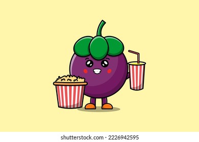 Cute cartoon Mangosteen with popcorn and drink ready to watching film in cinema