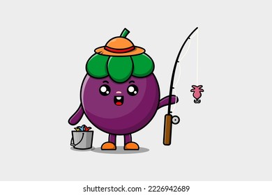 Cute cartoon Mangosteen ready fishing character illustration wearing fishing equipment