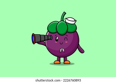 Cute cartoon Mangosteen sailor with hat and using binocular cute modern style design