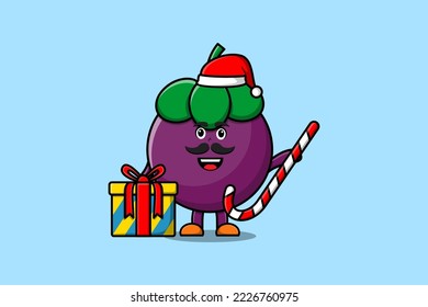 cute cartoon Mangosteen santa clause character is bringing candy cane and boxes christmas