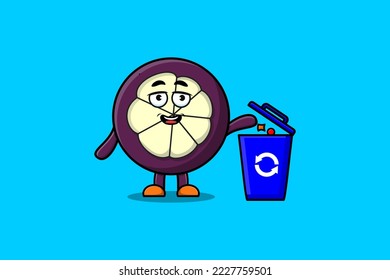 Cute cartoon Mangosteen throwing trash in the trash in flat modern style design illustration