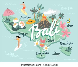 Cute cartoon map of Bali island, Indonesia. Famous landmarks and activities. Hand drawn illustration for souvenirs, posters. Towns and district names: Ubud, Lovina, Denpasar, Nusa Penida, Amed, Canggu