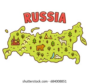 Cute cartoon map of Russia with hand drawn Moscow symbol and native animals. Funny geography vector illustration.