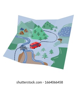 cute cartoon map of travelind to summer camp