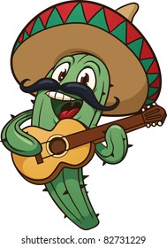 Cute cartoon mariachi cactus singing. Vector illustration with simple gradients. All in a single layer.
