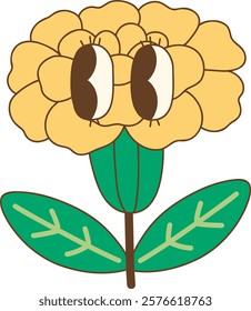 Cute cartoon marigold flower with big eyes and green leaves
