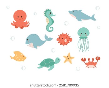 Cute cartoon marine animals, including an octopus, whale, shark, jellyfish, crab, seahorse, turtle, and more. A colorful kawaii-style illustration perfect for kids' designs and decorative projects.