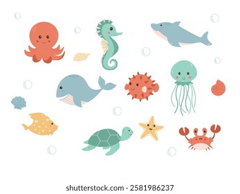 Cute cartoon marine animals such as an octopus, whale, shark, jellyfish, crab, seahorse, turtle, and more. A kawaii-style illustration perfect for children's and decorative projects.