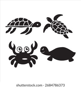 Cute cartoon marine creatures including turtles and a crab in silhouette