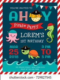 Cute cartoon marine life illustration for pirate theme party invitation card template