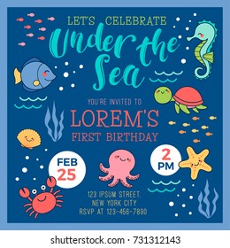 Cute cartoon marine life illustration for greeting, invitation card template