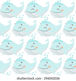 Cute cartoon marine seamless pattern with smiling whales. Vector illustration for baby shower design, textile, package design, wrapping, wallpaper