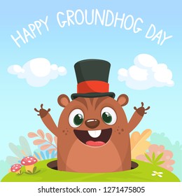 Cute cartoon marmot looking from hole in ground. Groundhog Day isolated vector illustration.