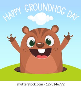 Cute cartoon marmot looking from hole in ground. Groundhog Day isolated vector illustration.