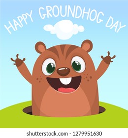 Cute cartoon marmot looking from hole in ground. Groundhog Day isolated vector illustration.