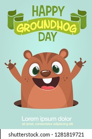 Cute cartoon marmot looking from hole in ground. Groundhog Day isolated vector illustration.