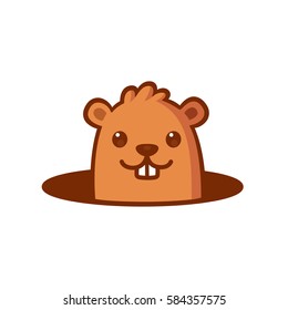 Cute cartoon marmot looking from hole in ground. Groundhog Day isolated vector illustration.