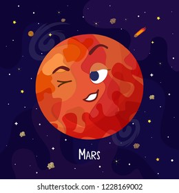 Cute cartoon Mars planet character. Space vector illustration