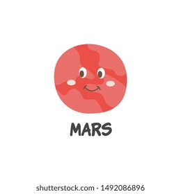 Cute cartoon Mars planet with smiling face isolated on white background, space and astronomy for kids - flat hand drawn vector illustration for children cosmos scence exploration