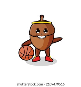 Cute cartoon mascot acorn playing basketball in modern style design for t-shirt, sticker, logo elements