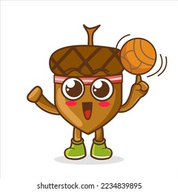 Cute cartoon mascot acorn playing basketball